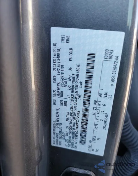 2022 Ford F150 Supercrew z USA, uszkodzony, nr VIN 1FTEW1CP4NFC12942